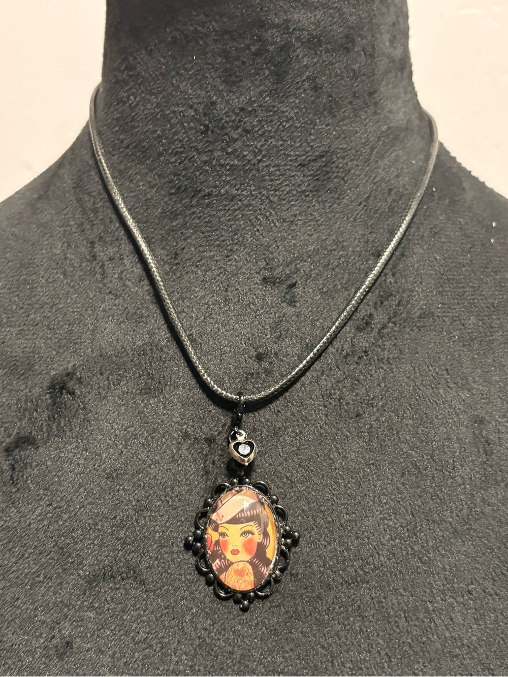 Vintage-Inspired Black Pendant Necklace, Illustrated tattoo sailor pin up Cameo